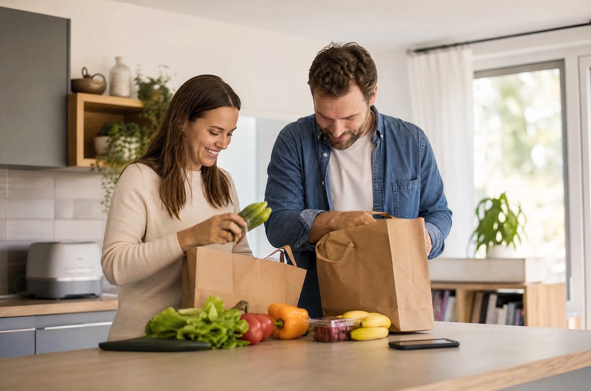 A couple unpacking groceries with a phone on the counter