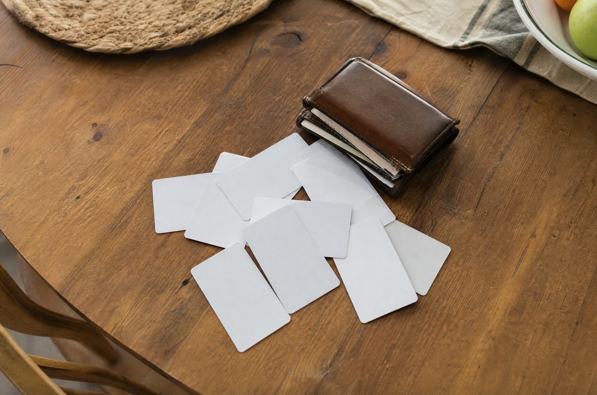 A wallet spilling plastic cards onto a kitchen table