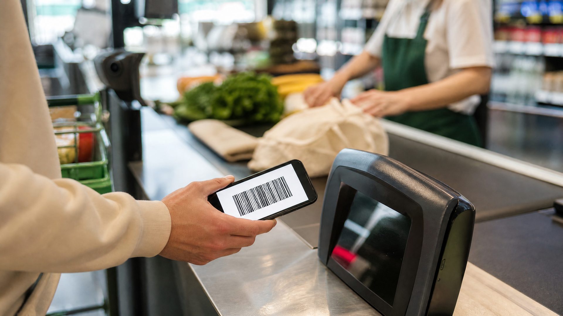 A shopper holding a phone with a barcode up to a supermarket checkout scanner